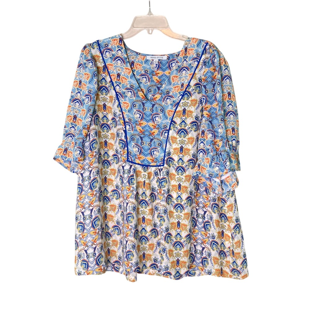 Rose + Olive Floral Popover Blouse‎ Top Peasant Boho Colorful Ruffle (Size 2X)